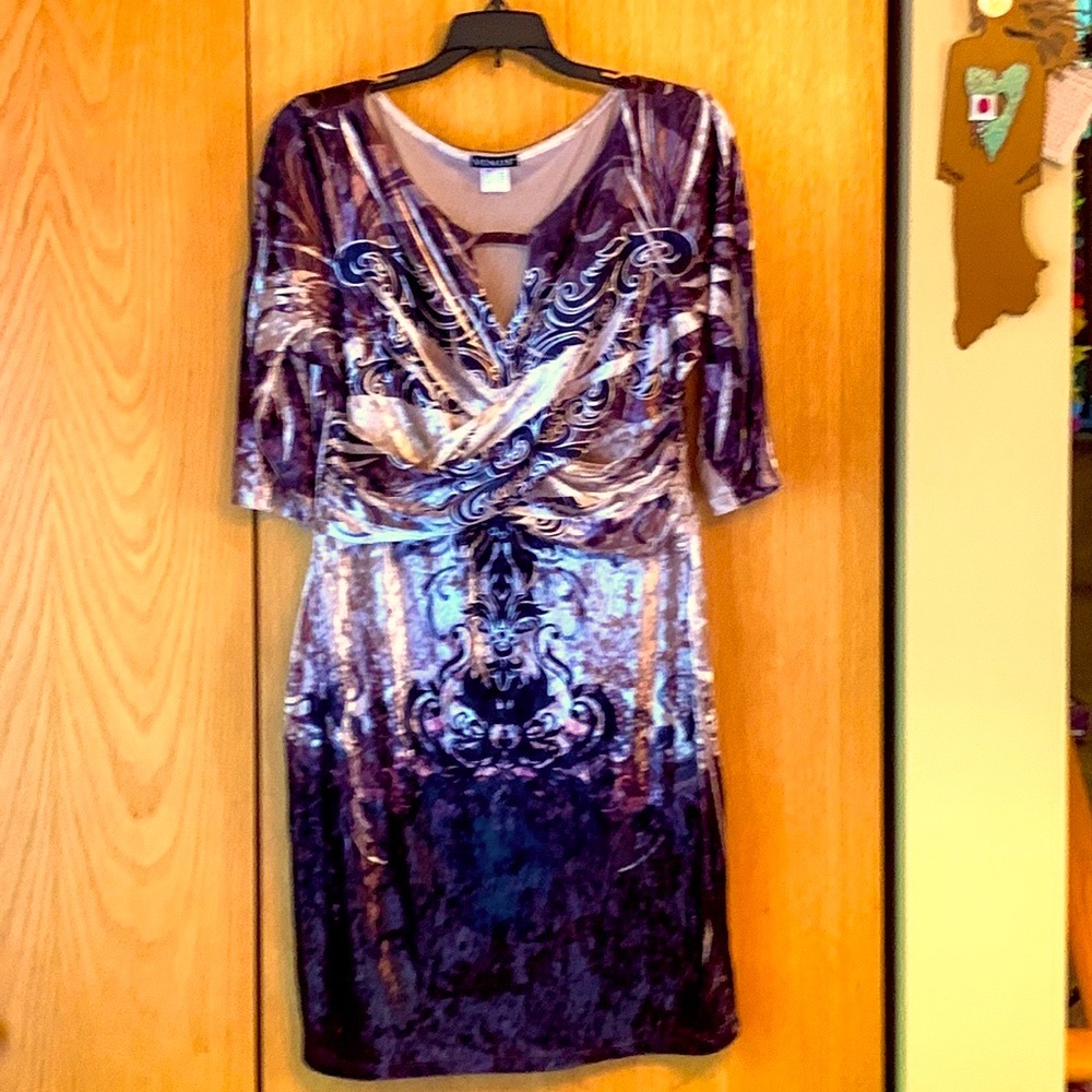 Venus L crushed velvet embellished crossover waist v neck tan dress made in USA